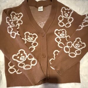 NIKA Brown Cardigan Sweater with White Teddy Motif